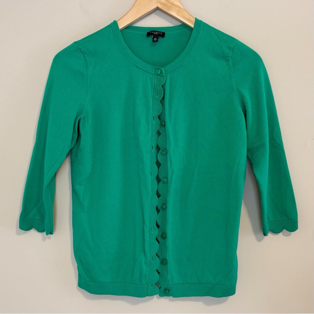 Talbots Kelly Green Cardigan Sweater SP Scalloped Edge Small Petite PS - Picture 2 of 9